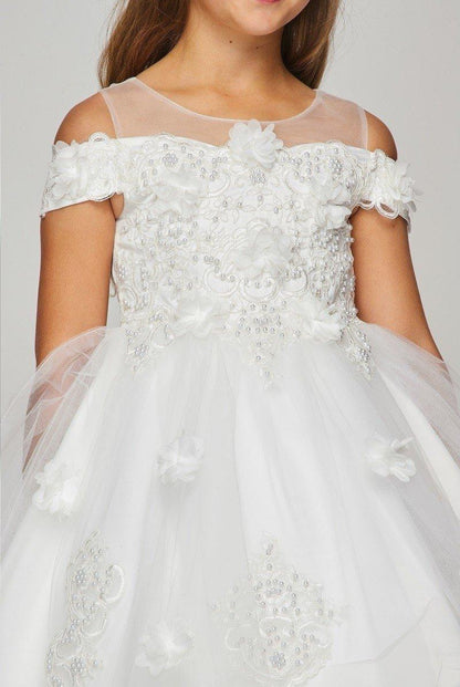 Floral Off Shoulder High Low Flower Girl Dress - The Dress Outlet