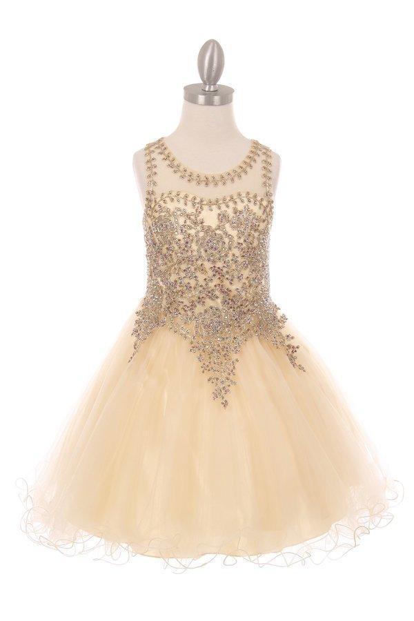 Flower Girl Dress Sleeveless Gold Embellished Short - The Dress Outlet