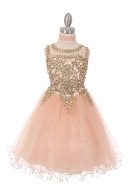 Flower Girl Dress Sleeveless Gold Embellished Short - The Dress Outlet Cinderella Couture