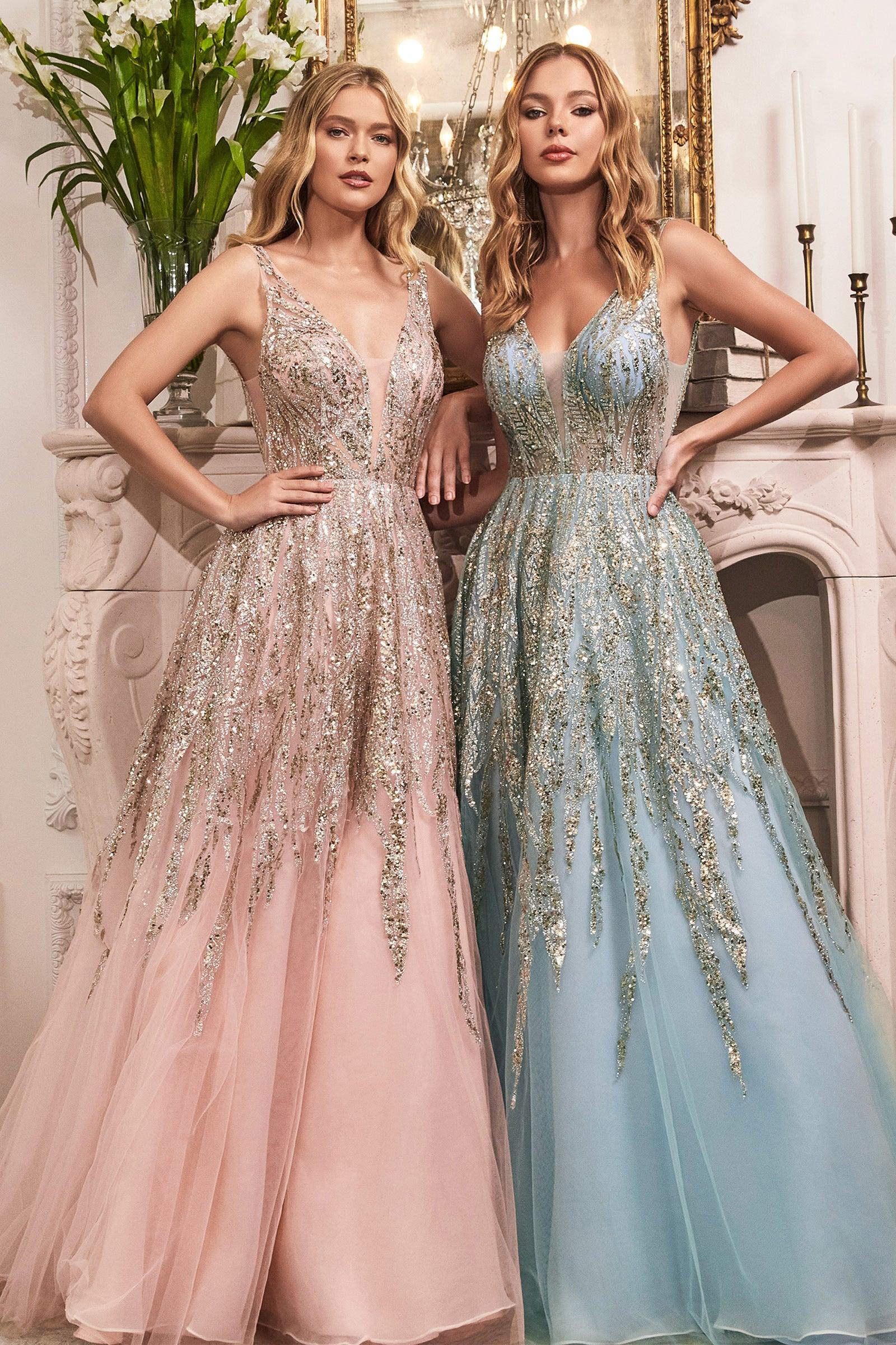 Formal Glitter Long Prom Gown Light Blue