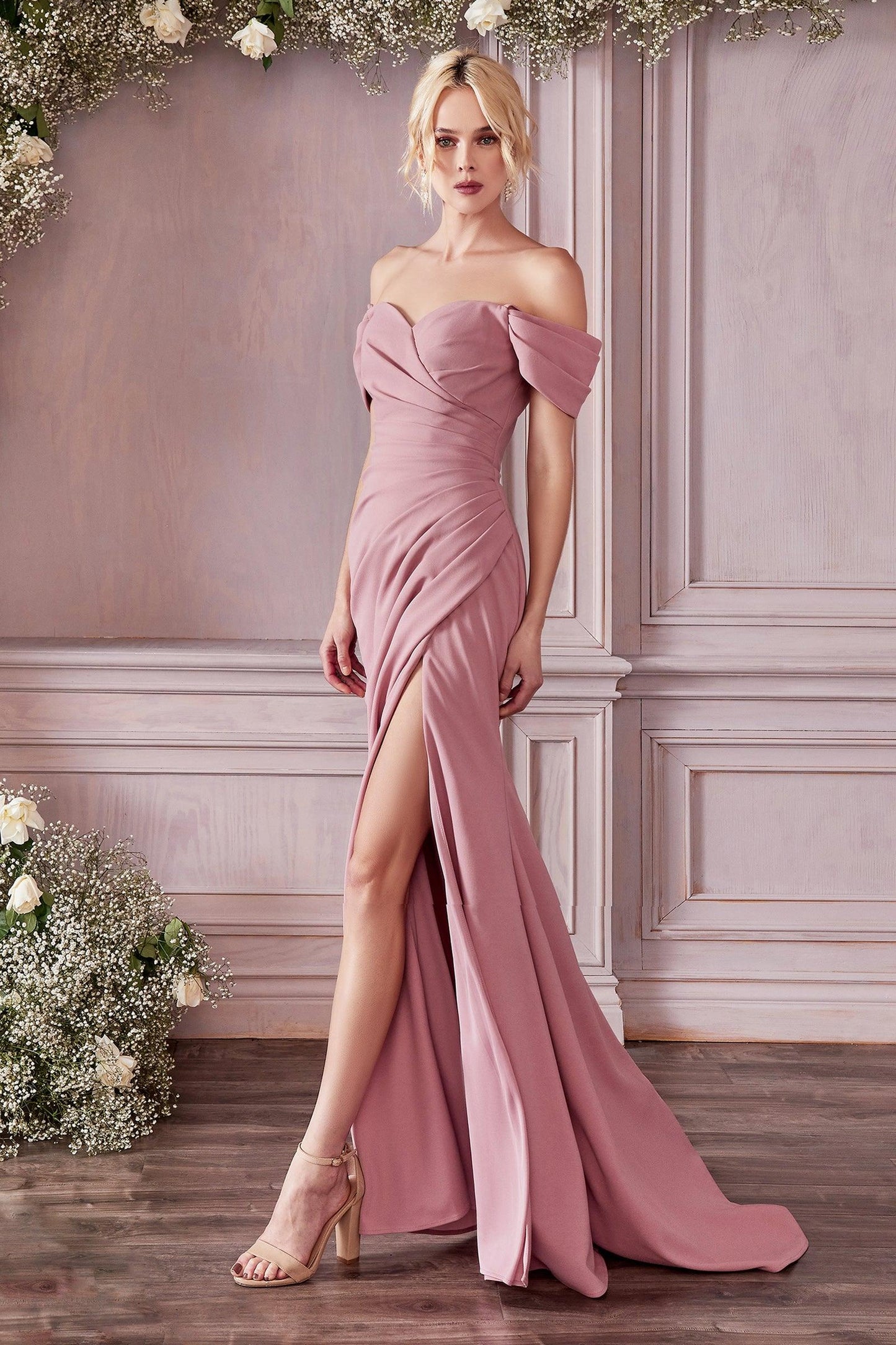 Fitted Long Off Shoulder Prom Dress Dusty Rose