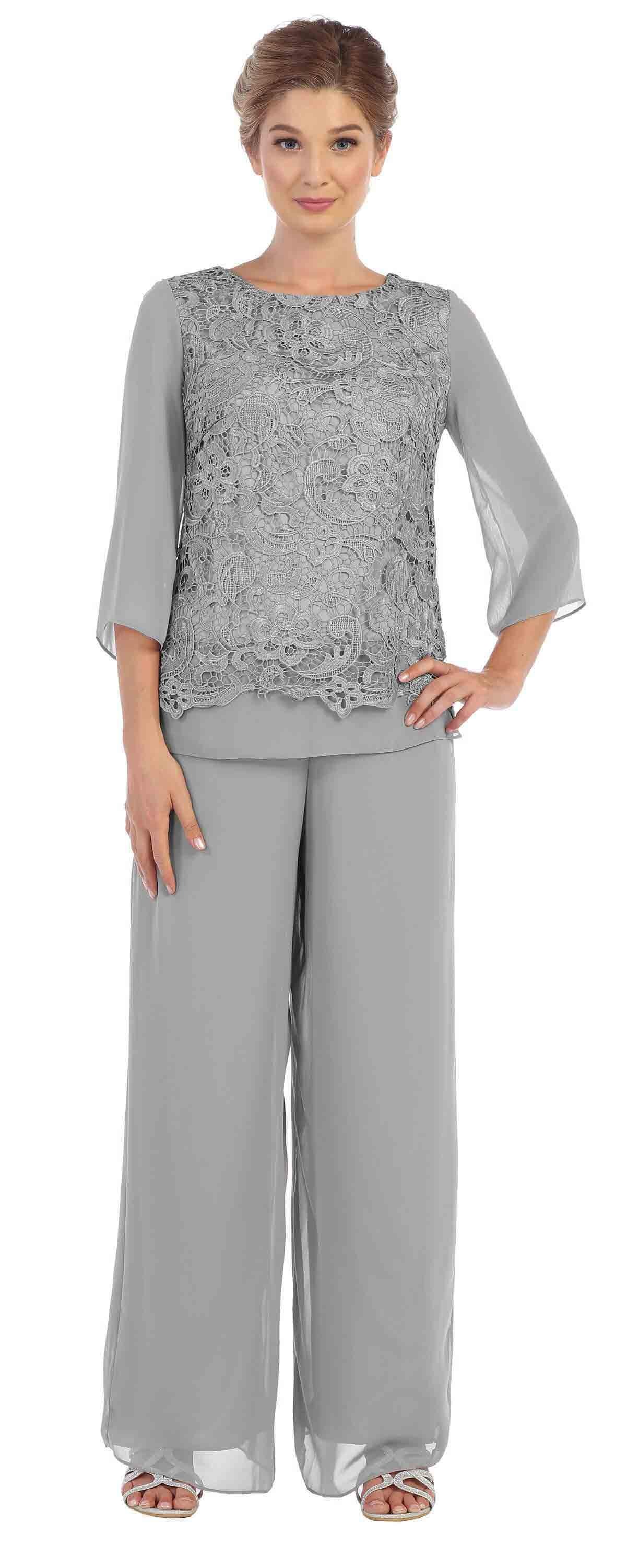 mother of the bride dresses pant suits 3 Pieces Lace Dress Pants Suits, Steel_Grey Lace Neckline 3 Pieces Chiffon Lace Mother