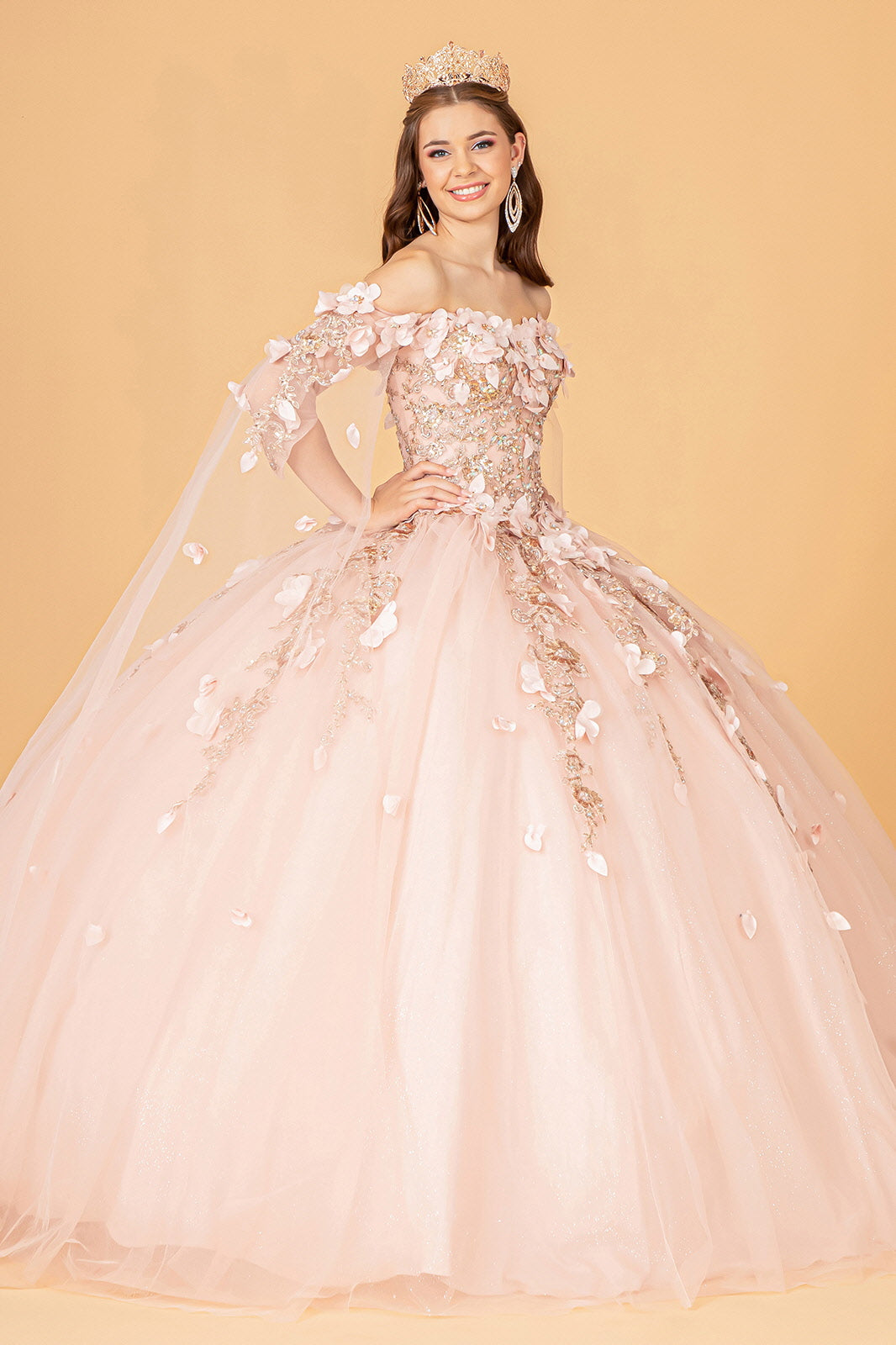 Rose Gold Off Shoulder Long Quinceniera Dress for $807.0 – The Dress Outlet