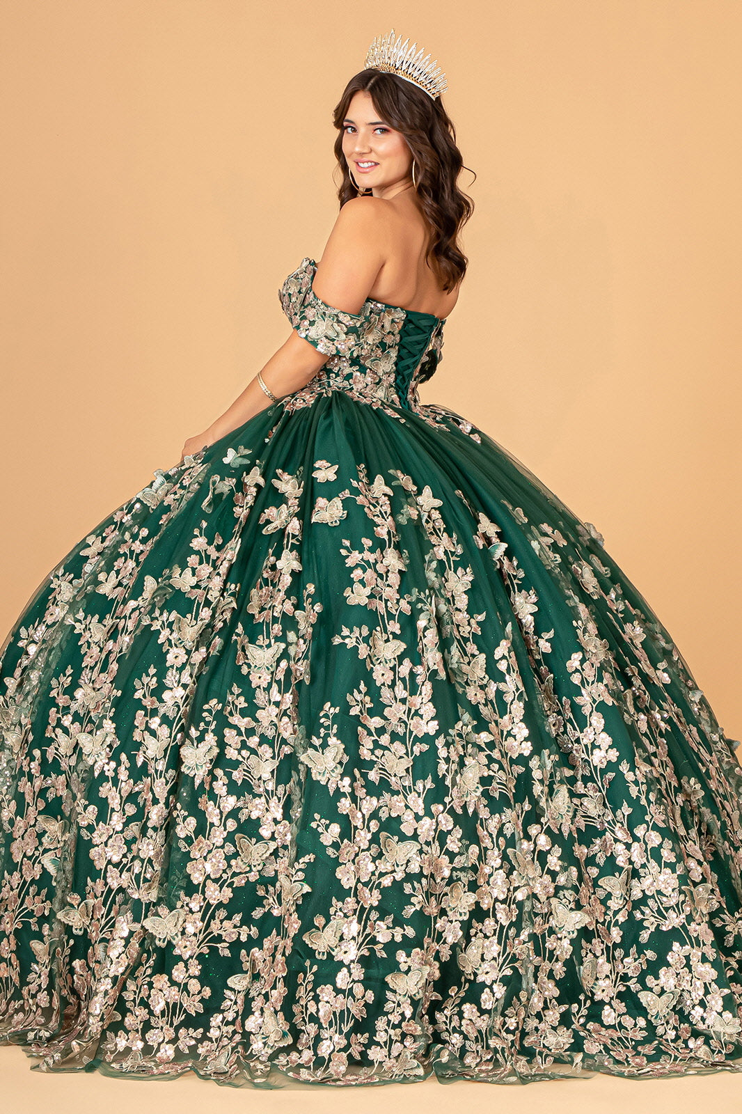 Dark Green Off the Shoulder Sparkly Ball Dress with Slit