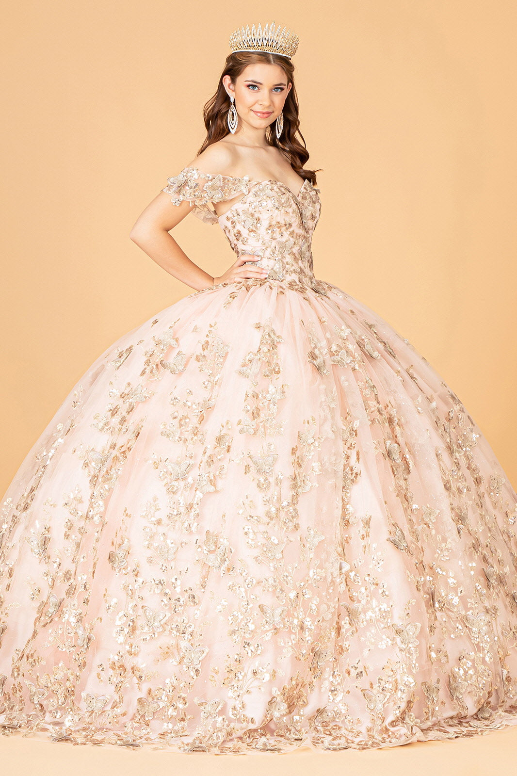 Ball Gown Rosettes Off Shoulder Sheer Neck Layered Long Flower Girl Dress, Appliques