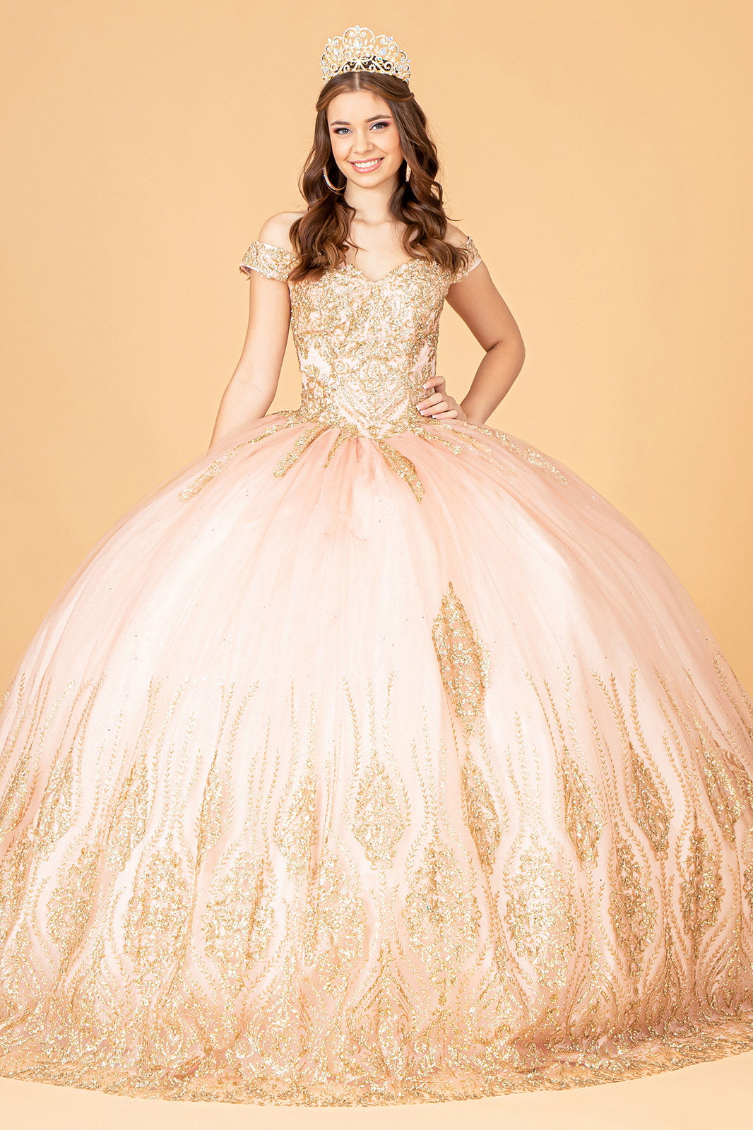Off Shoulder Long Sweet 16 Ball Gown - Rose Gold / L