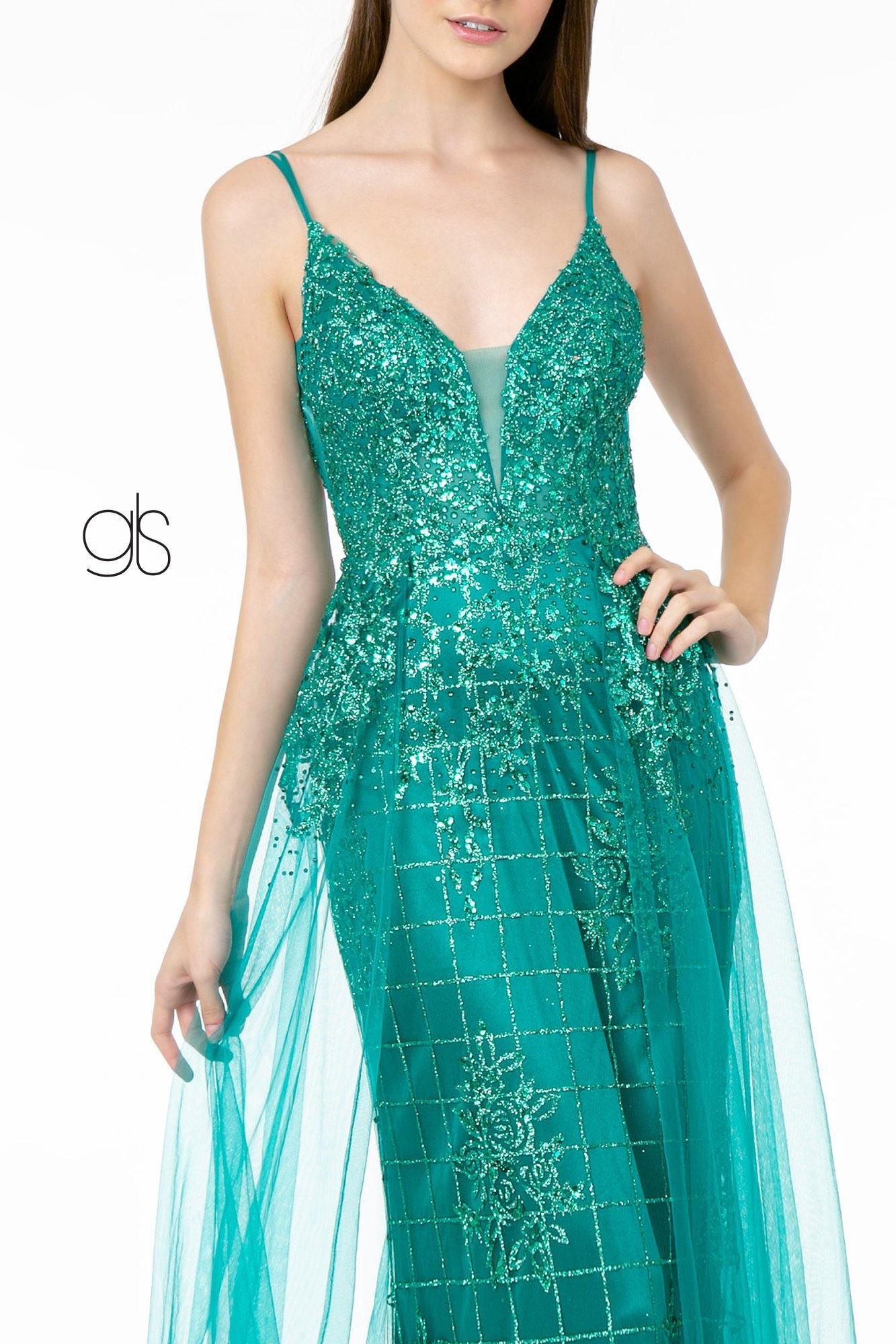 Glitter Mesh Illusion Deep V-Neck Long Prom Dress Sale - The Dress Outlet