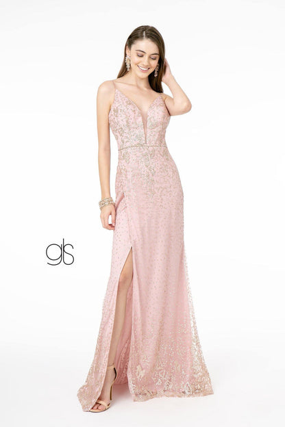 Glitter Mesh Illusion Long Prom Dress - The Dress Outlet Elizabeth K