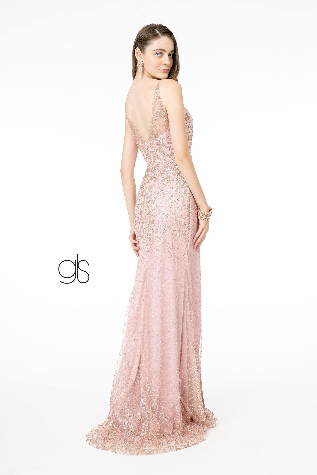Glitter Mesh Illusion Long Prom Dress - The Dress Outlet Elizabeth K