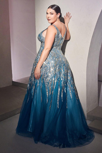 Glittered Long Sleeveless Prom Plus Size Dress - The Dress Outlet