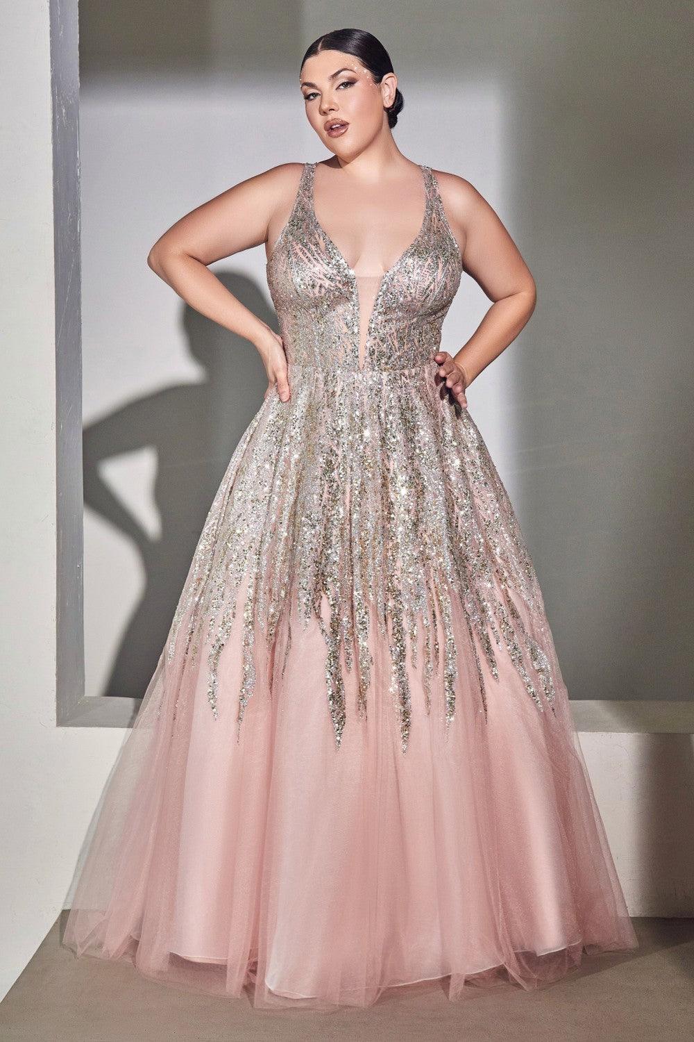 Glittered Long Sleeveless Prom Plus Size Dress - The Dress Outlet