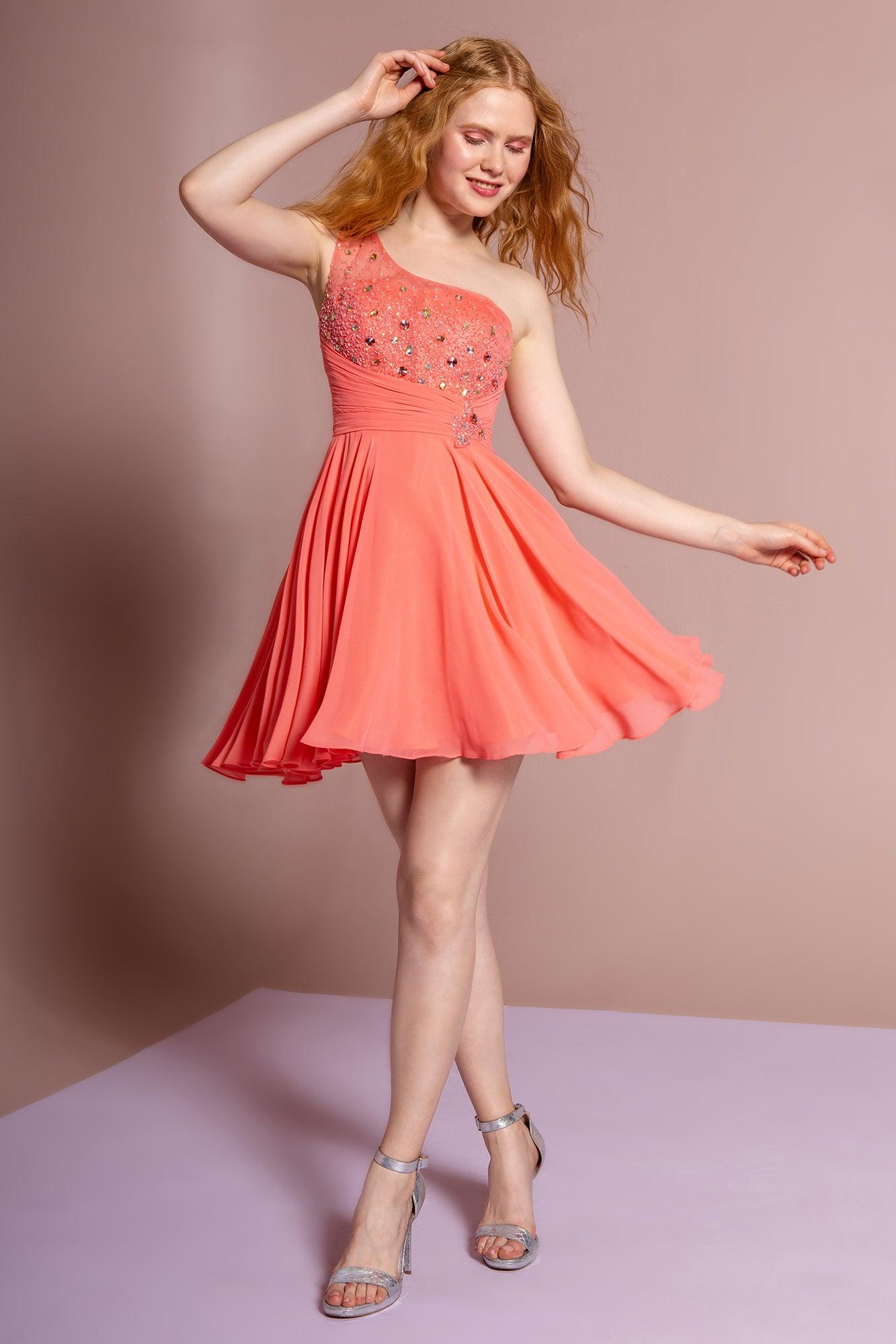 Coral Homecoming Short One Shoulder Chiffon Cocktail Dress for 89.99 The Dress Outlet