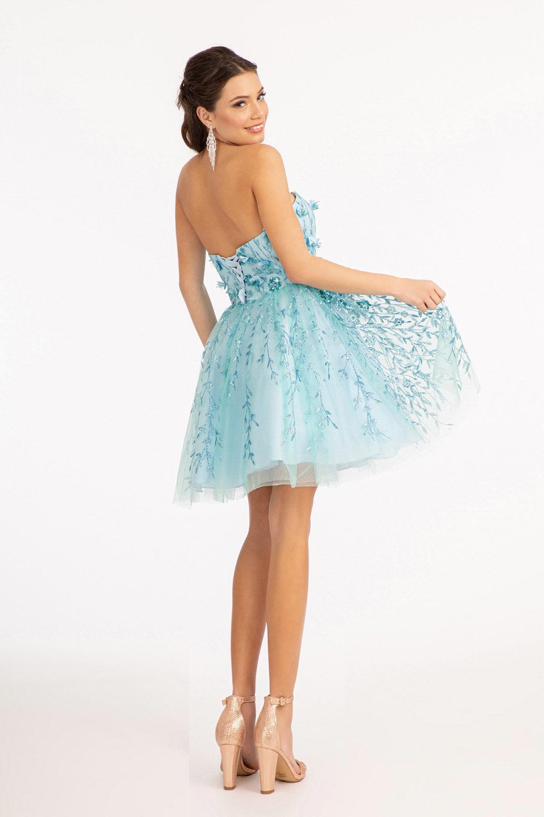 Homecoming Strapless Floral Applique Short Dress - The Dress Outlet
