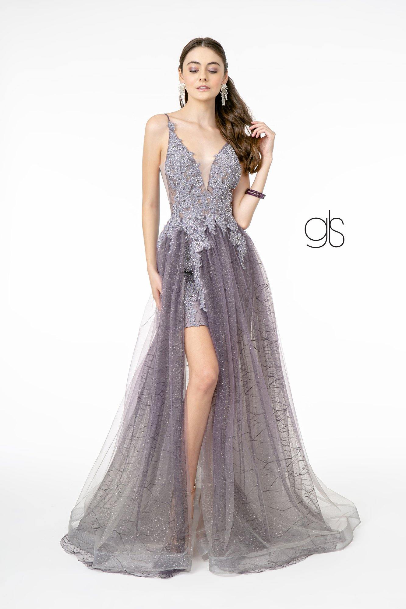 Illusion V-Neck Glitter Mesh Long Prom Dress - The Dress Outlet Elizabeth K