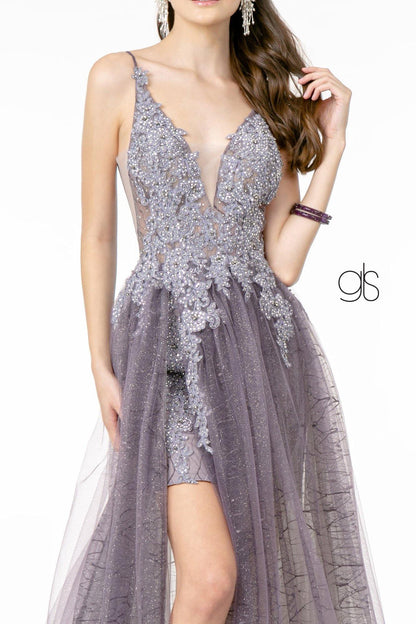 Illusion V-Neck Glitter Mesh Long Prom Dress - The Dress Outlet Elizabeth K