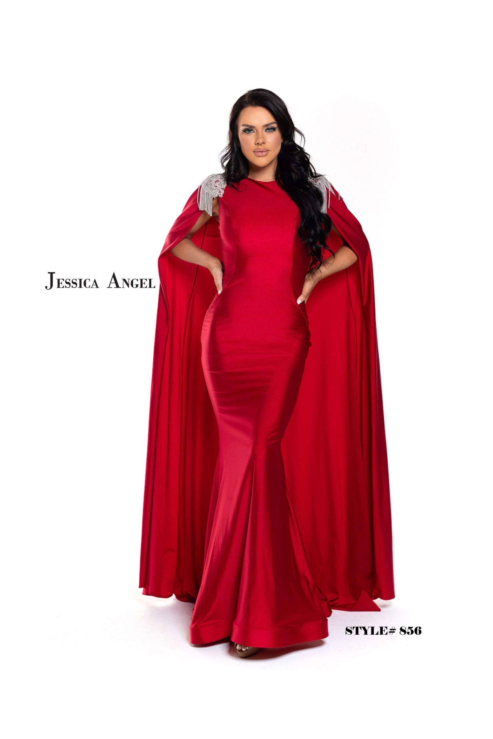 Jessica Angel Long Formal Fitted Cape Dress 856 - Red / M Jessica Angel Long Formal Fitted Cape Dress 856 - Red / M