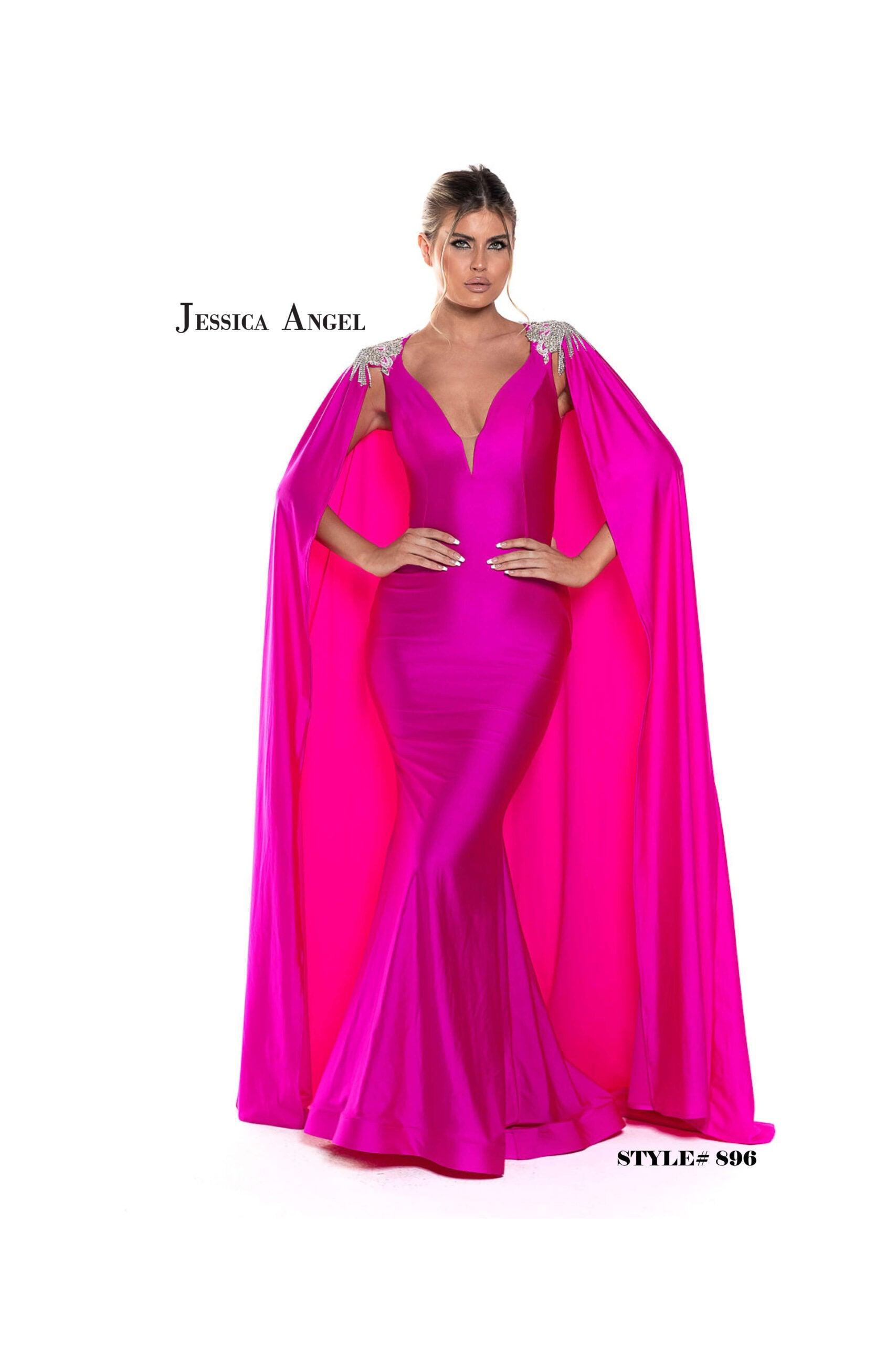 Jessica Angel Long Formal Fitted Cape Dress 896 - Neon Pink / XL Jessica Angel Long Formal Fitted Cape Dress 896 - Neon Pink / XL