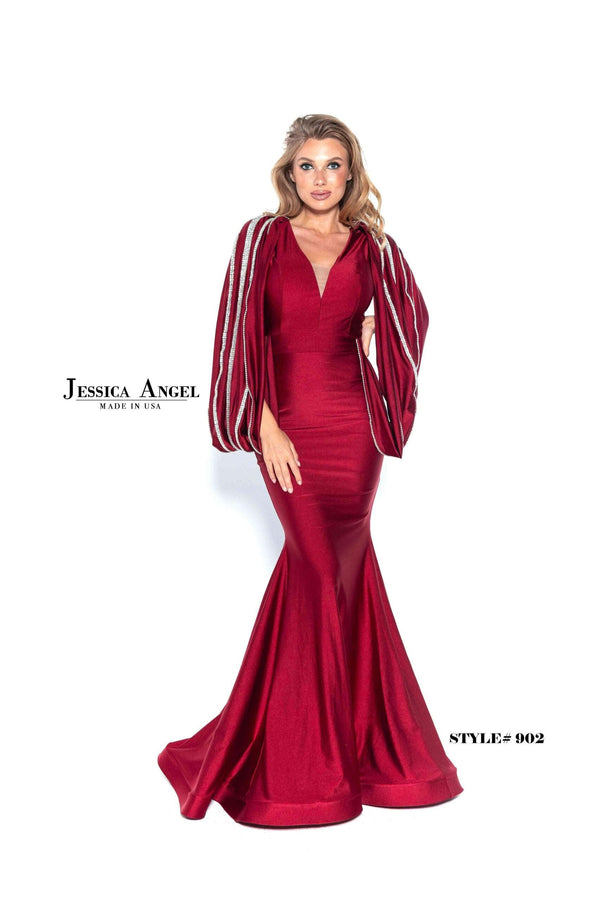 Dark Red Jessica Angel Long Formal Fitted Evening Dress 902 for $544.99 – The Dress Outlet
