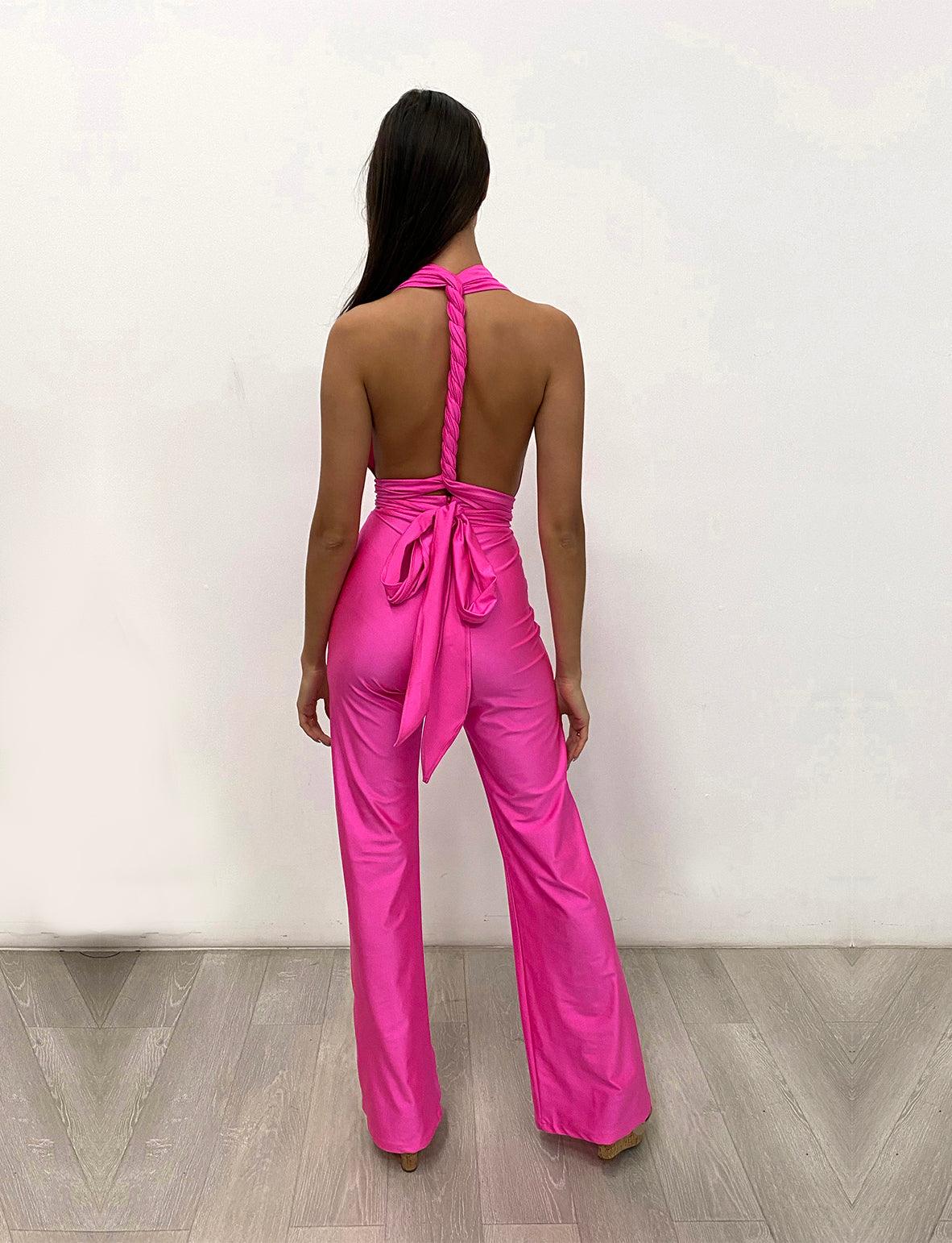 Neon Pink Jessica Angel Long Halter Formal Jumpsuit 854 Formal