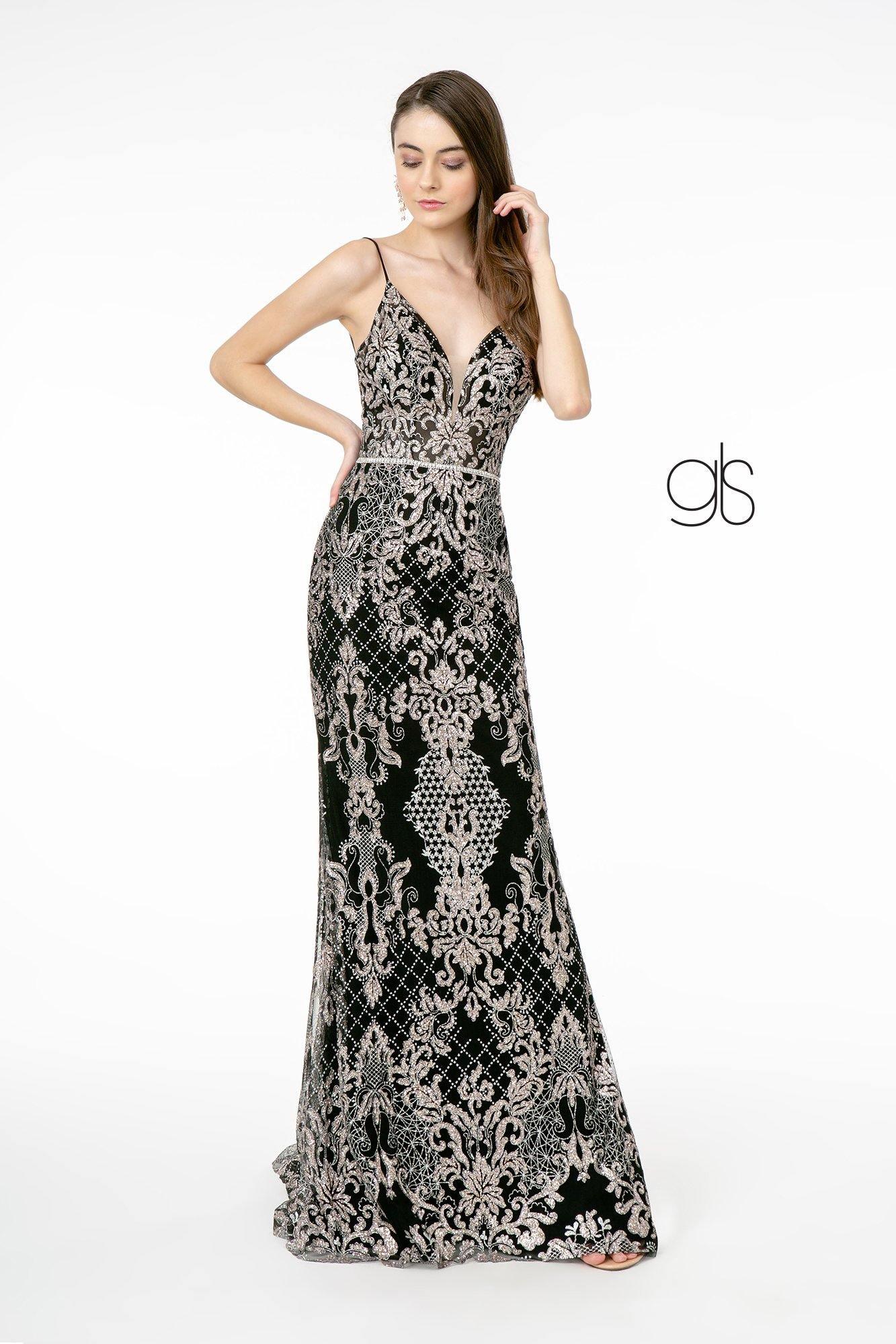 Jeweled Waist Band Accented Glitter Mesh Long Prom Dress Sale