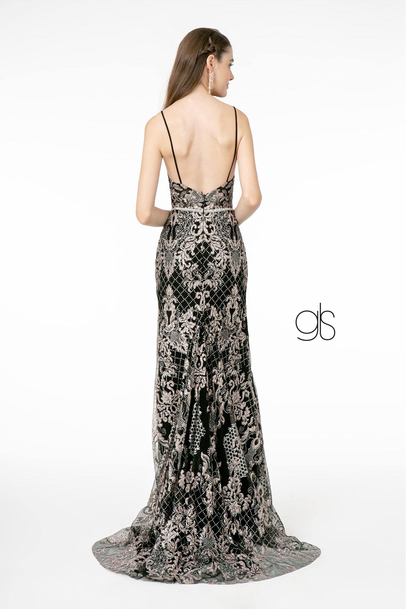 Jeweled Waist Band Accented Glitter Mesh Long Prom Dress Sale