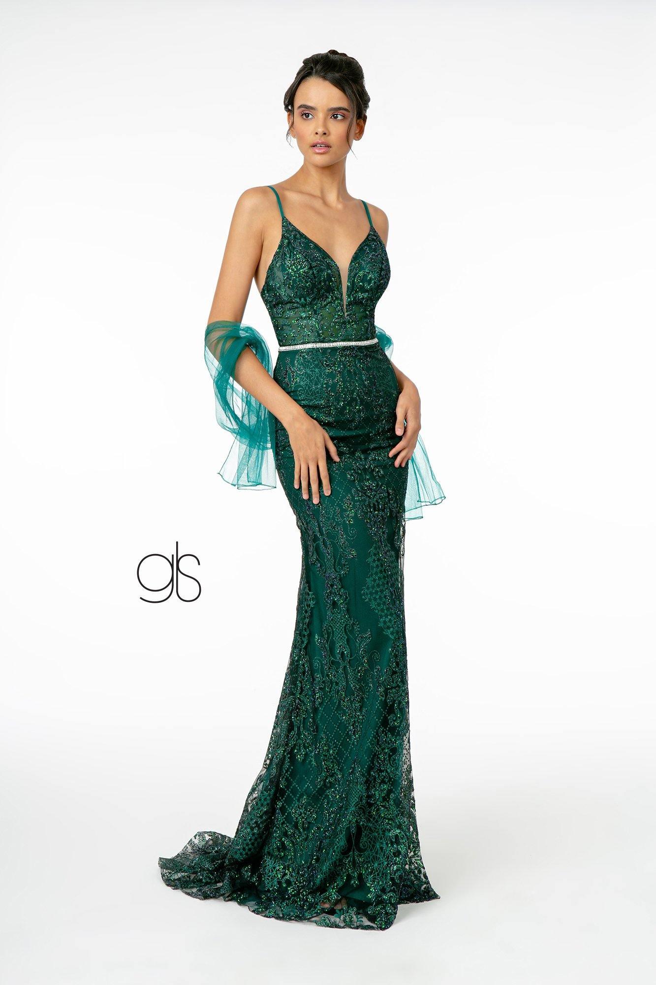 Jeweled Waist Band Accented Glitter Mesh Long Prom Dress Sale