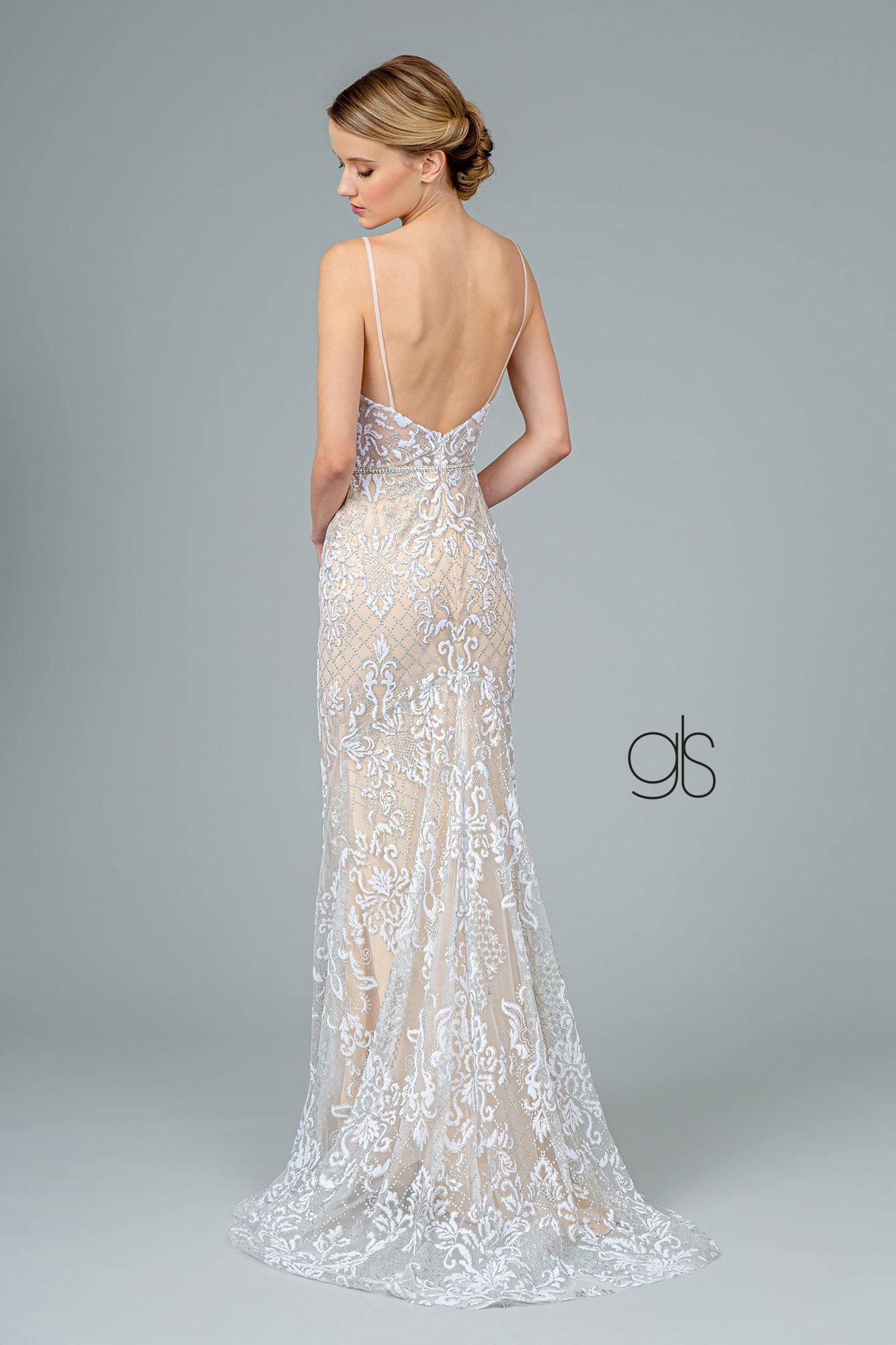 Jeweled Waist Band Accented Glitter Mesh Long Prom Dress Sale