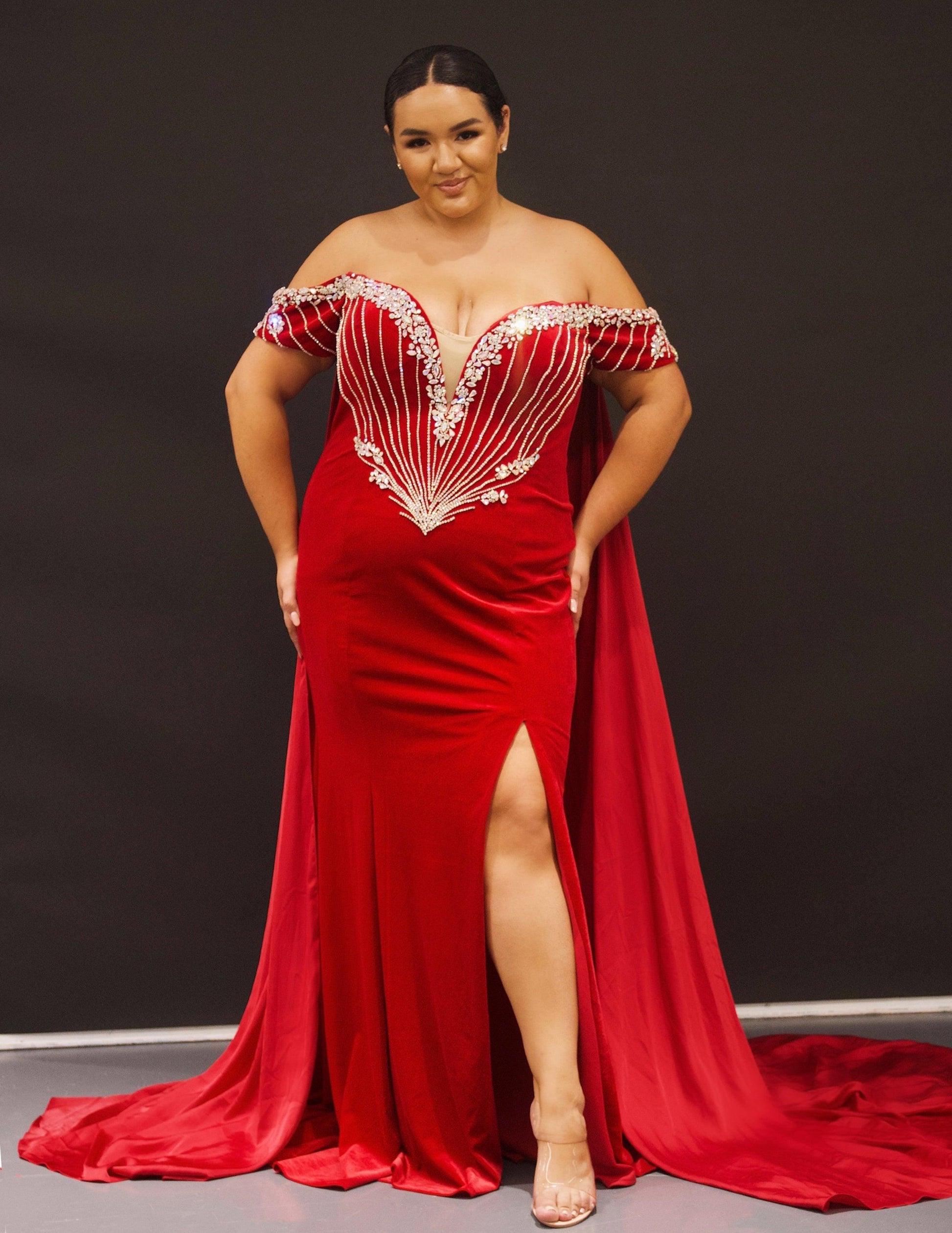 Sydneys Closet JK2202 Long Off Shoulder Prom Plus Size Formal Gown