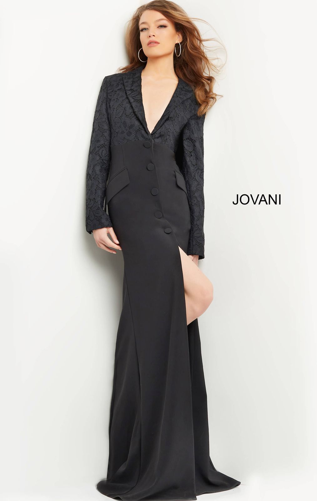 Black Jovani 07552 Long Sleeve Formal Font Slit Evening Dress for 945.