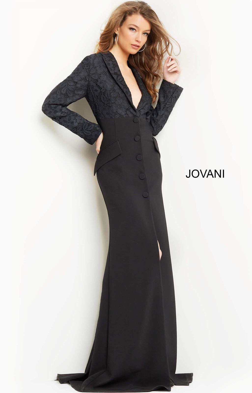 Jovani 07552 Long Sleeve Formal Font Slit Evening Dress