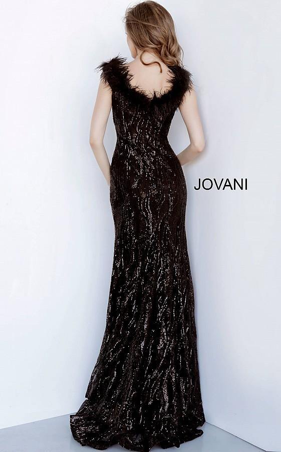 Jovani Black Off the Shoulder Feather Neckline Evening Dress 2925 - The Dress Outlet