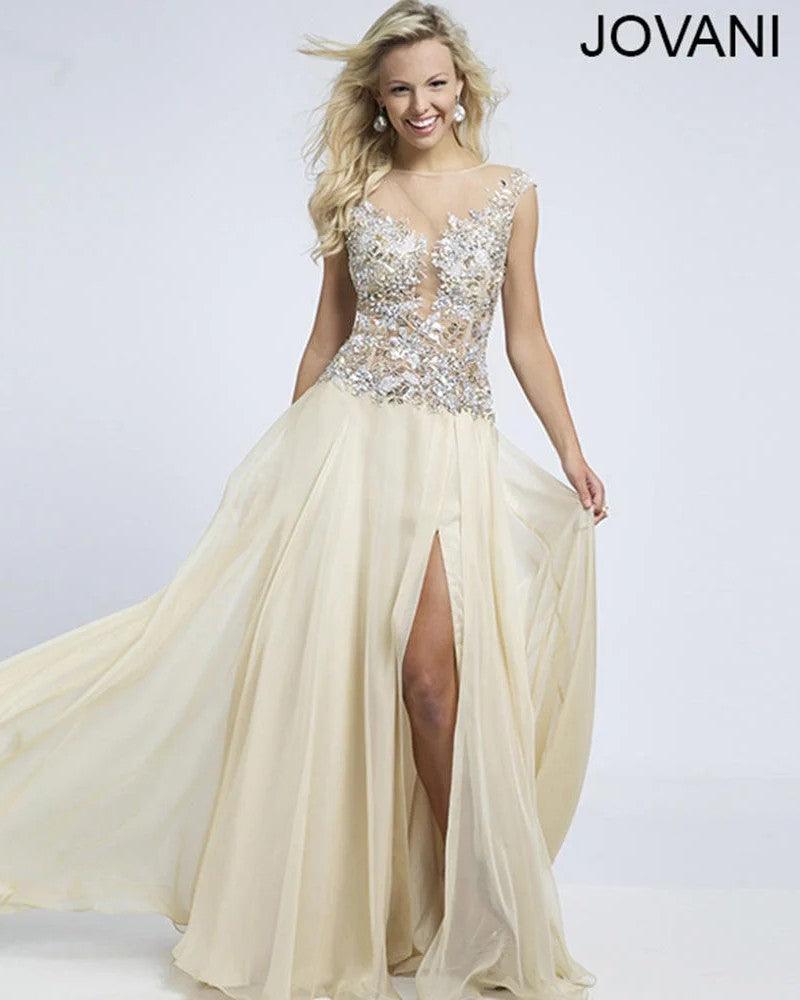 Champagne Jovani 91076 Cap Sleeve Sexy Slit Long Prom Dress for $206.99 ...