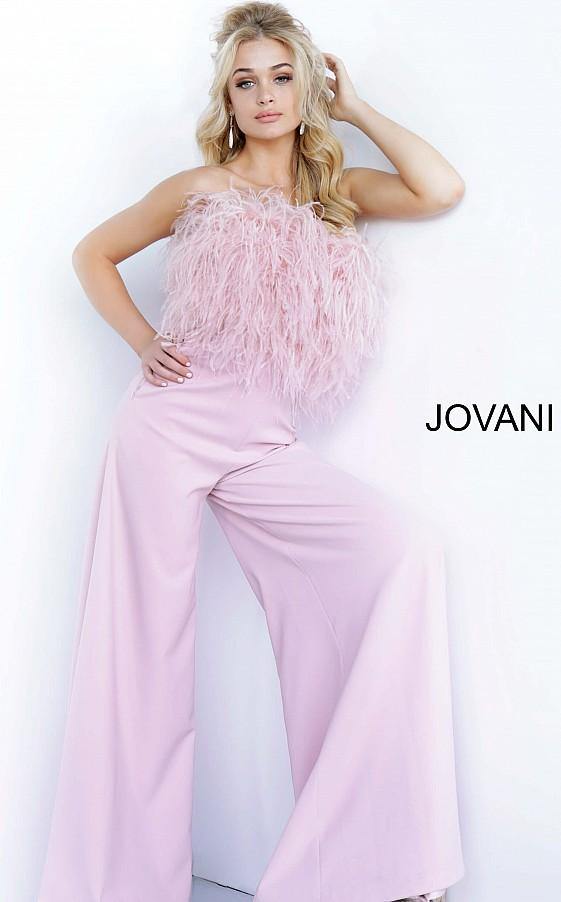 Jovani 1542 Feather Bodice Formal Jumpsuit