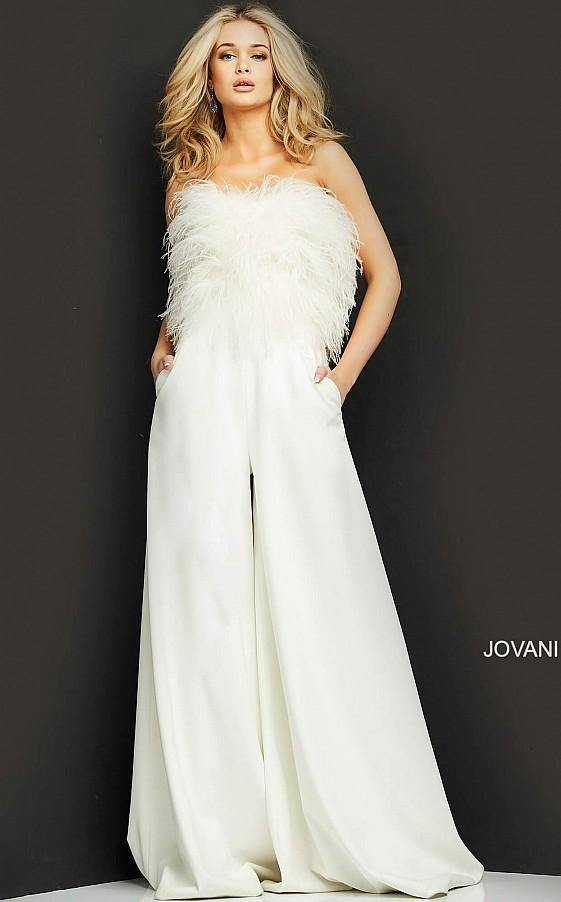 Jovani 1542 Feather Bodice Formal Jumpsuit