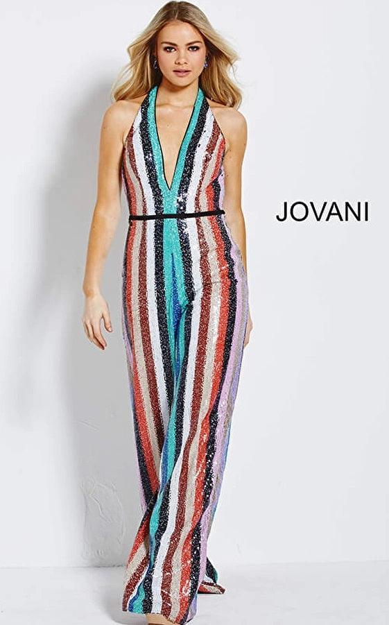 Jovani Formal Halter Stripe Jumpsuit Sale - The Dress Outlet