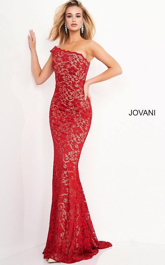 Red Jovani 02169 Lace One Shoulder Prom Dress Formal Dresses Gowns