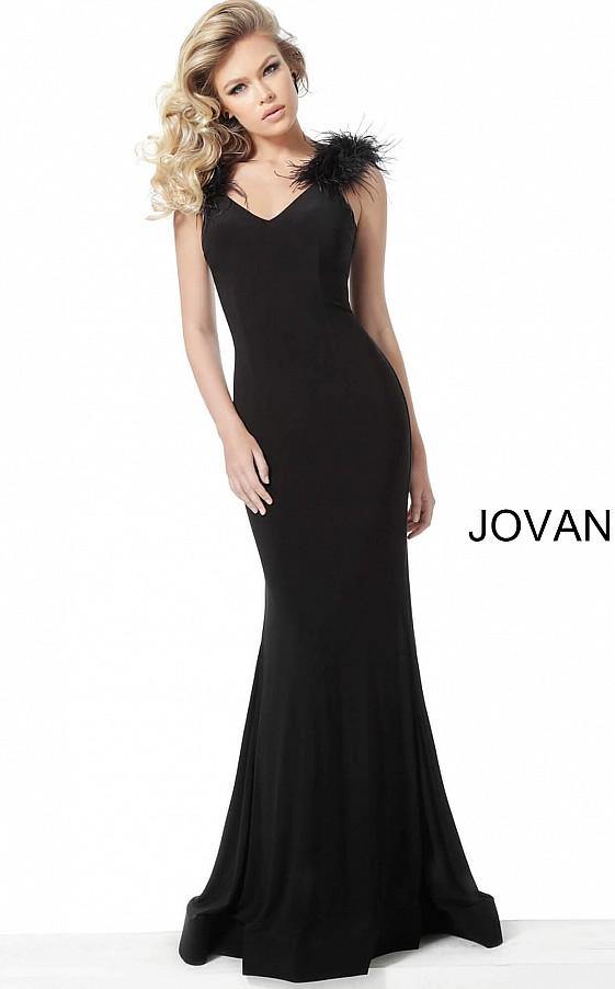 Jovani Long Feather Shoulders Evening Gown 68596 - The Dress Outlet