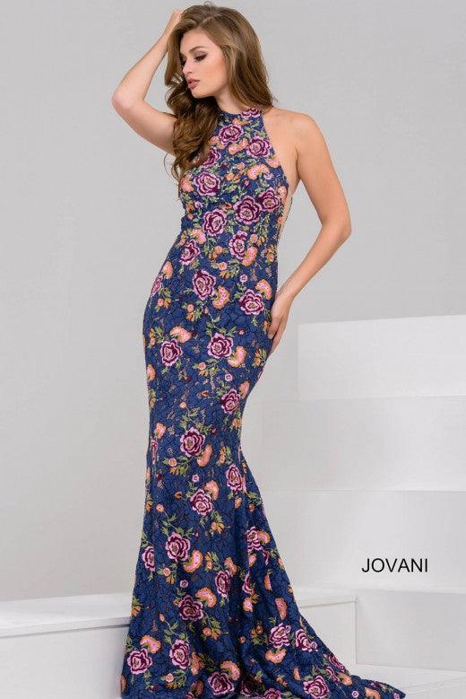 Jovani Long Formal Floral Print Halter Dress 50655 - The Dress Outlet