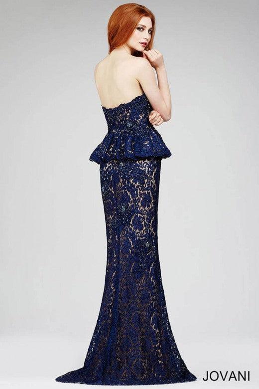 Jovani Long Formal Strapless Peplum Lace Gown 20790 - The Dress Outlet