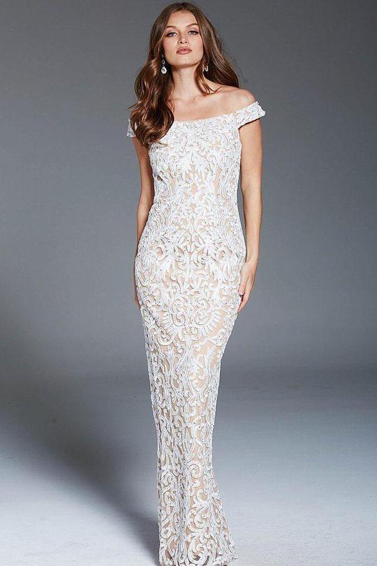 Jovani Long Lace Off-Shoulder Sheath Dress 46775 - The Dress Outlet