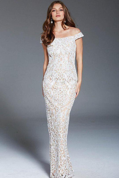 Jovani Long Lace Off-Shoulder Sheath Dress 46775 - The Dress Outlet