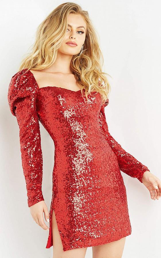 Jovani 07770 Long Puff Sleeve Short Cocktail Dress