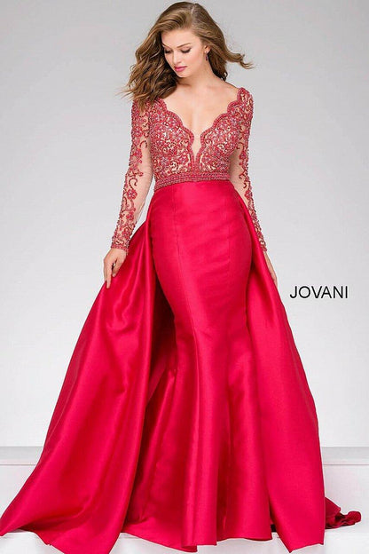 Jovani Long Sleeve Mermaid Over Skirt Prom Dress 46708 - The Dress Outlet