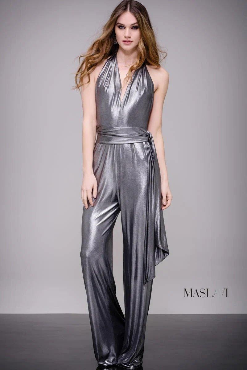 Jovani M51819 Metallic Halter Jumpsuit