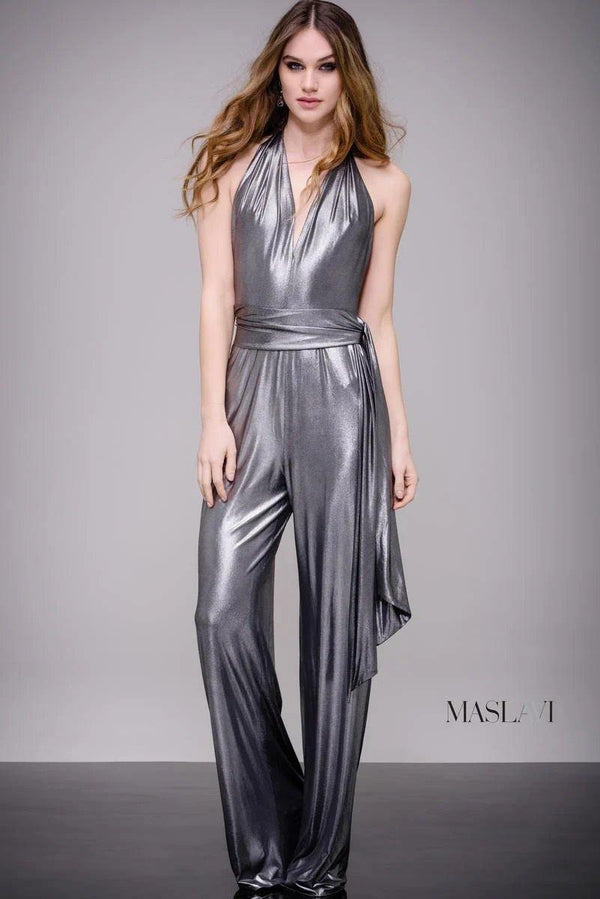 Jovani M51819 Metallic Halter Jumpsuit