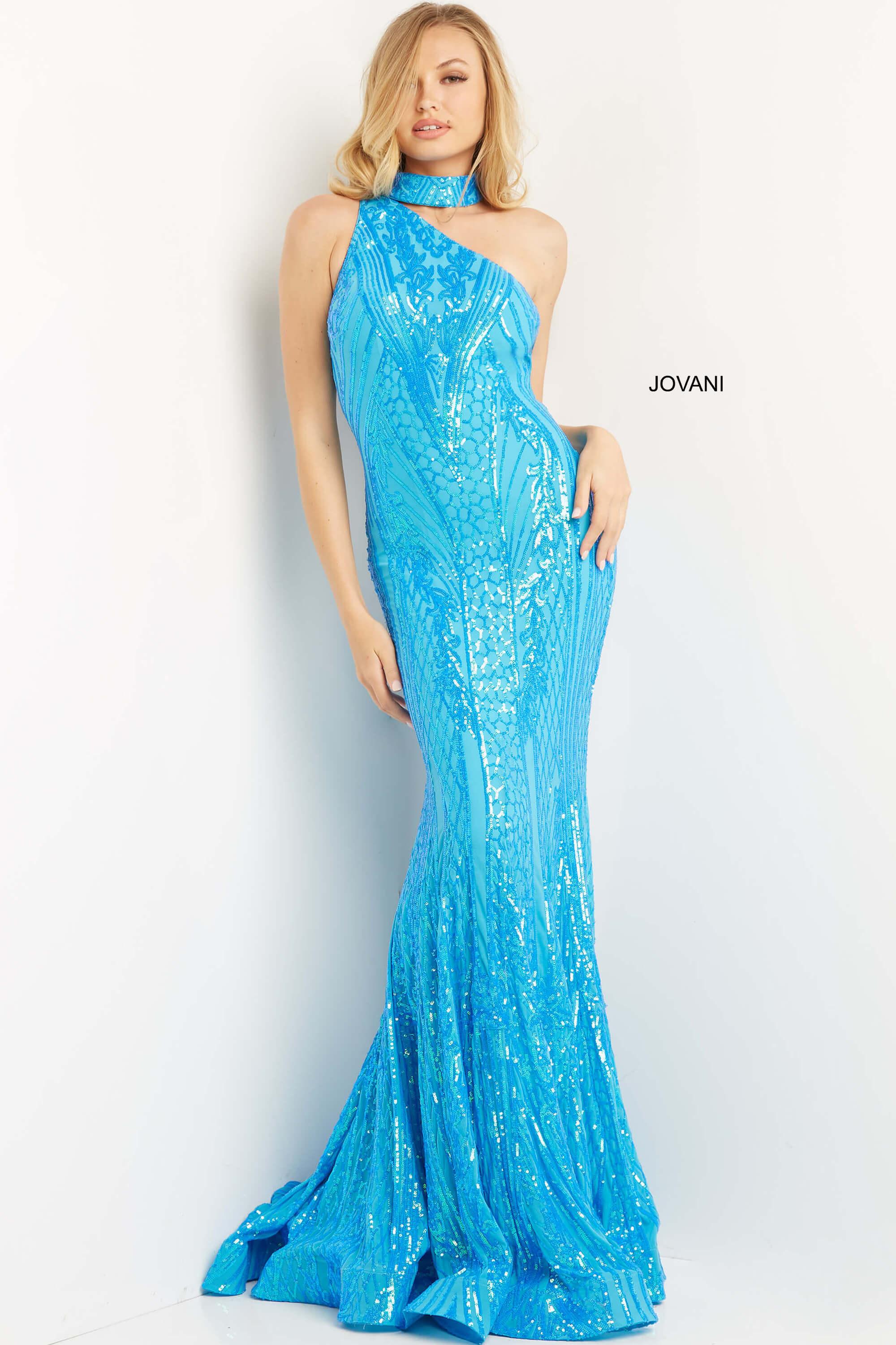 Jovani One Shoulder Choker Long Prom Dress 08338 - The Dress Outlet