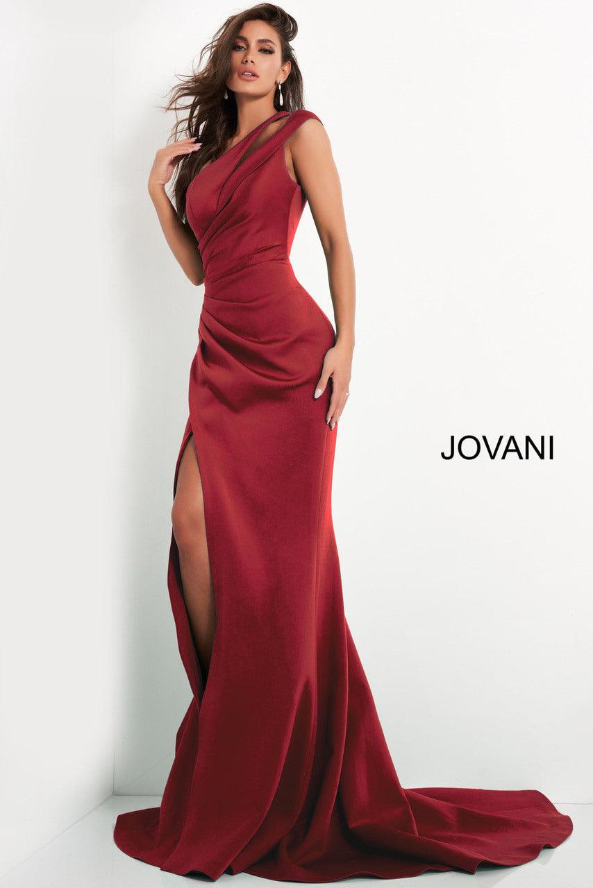 jovani red one shoulder dress Evening Gown Red One Shoulder Dress One Shoulder Ruffled Gown With Floral Applique 43006 Jovani
