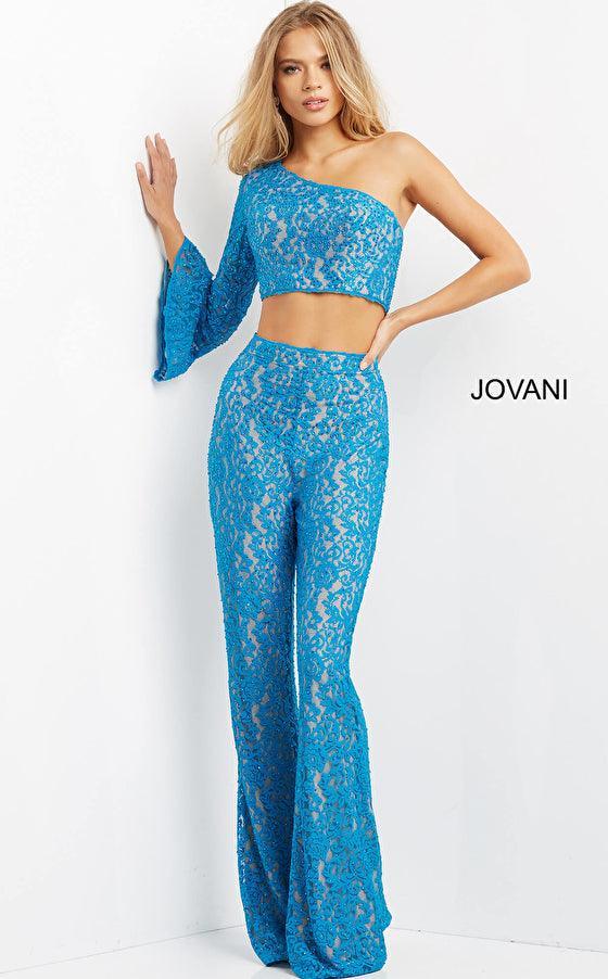 Jovani One Shoulder Two Piece Lace Jumpsuit 08693 - The Dress Outlet