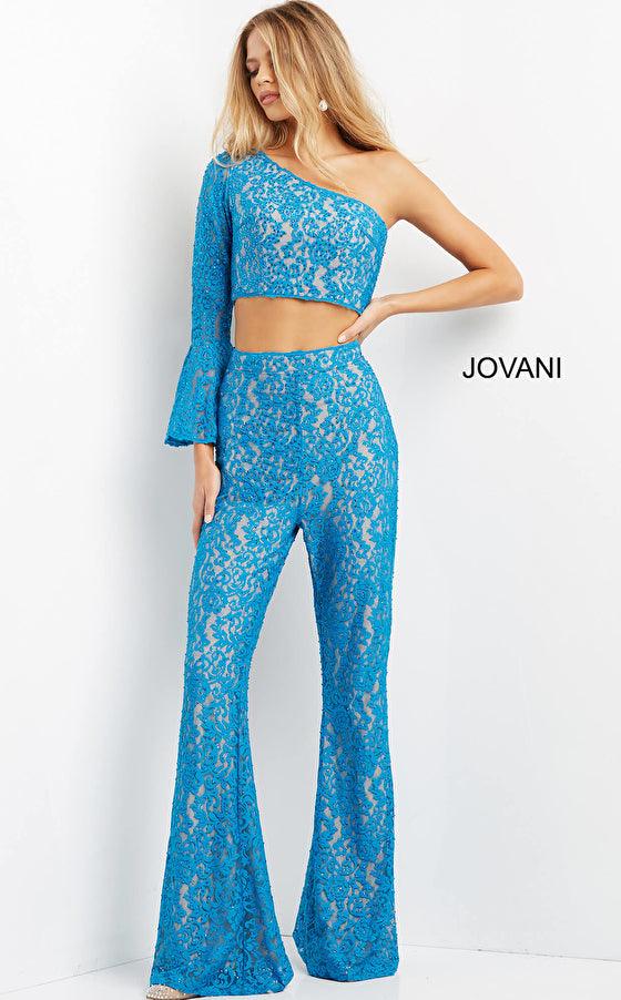 Peacock/Nude Jovani 08693 One Shoulder Two Piece Lace Jumpsuit