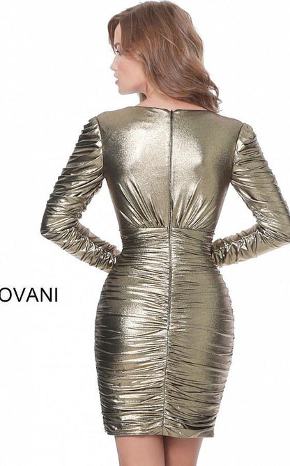 Jovani Plunging Neckline Long Sleeve Short Dress M66325 - The Dress Outlet